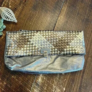 Elliott Luca | Mixed Metallic Woven Leather Clutch w/Removable Crossbody Strap